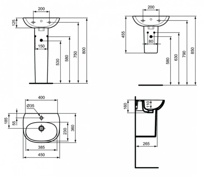 Раковина Ideal Standard Tesi 45 см белая, 1 отверстие дял смесителя T352401 (детальная фотография), современные, hi-tech