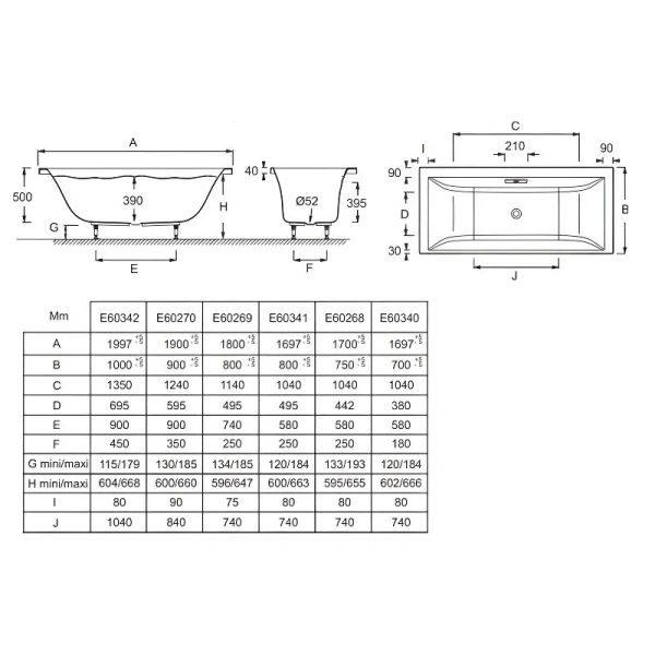 Ванна акриловая Jacob Delafon Evok 200х100 см с ножками, белая E60342-00 (детальная фотография), акриловые