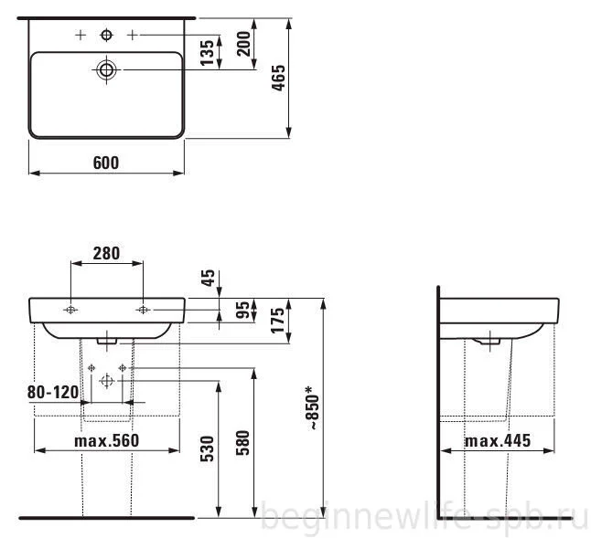 Раковина Laufen Pro S 60 см с отверстием для смесителя с отверстием перелива 8.1096.3.000.104.1 (детальная фотография), современные, hi-tech