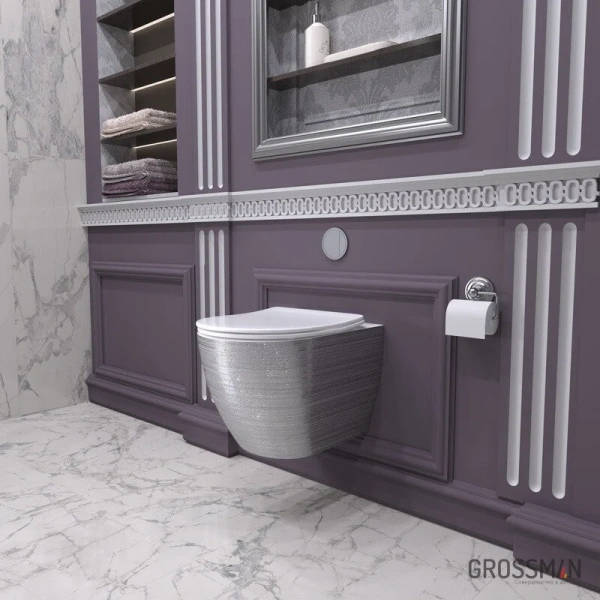 Унитаз подвесной Grossman серебро/белый GR-4455SWS (детальная фотография), недорогие, безободковые, сиденье с микролифтом , с антивсплеском