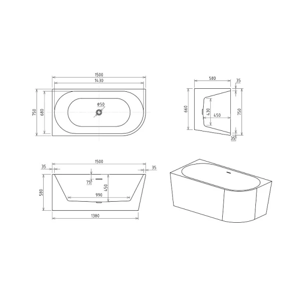 Ванна акриловая Royal Bath Riva RB610310L-CH/RB610310R-CH, 150 x 75 см, левая/правая, цвет белый (детальная фотография), современныe, hi-tech