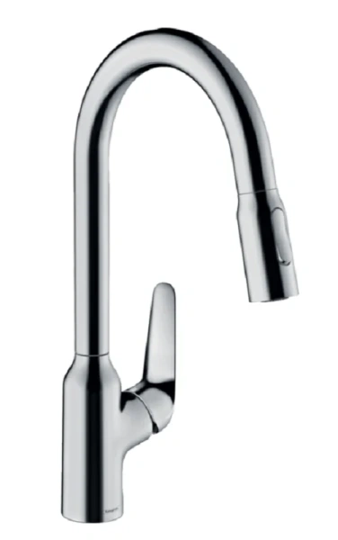 Смеситель для кухни Hansgrohe Focus 71820 с выдвижным изливом (детальная фотография), высокие, округлая форма