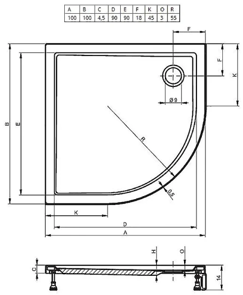 Душевой поддон акриловый белый с панелью R55 Riho Davos 285 100x100 см D002020005 (детальная фотография), полукруглые