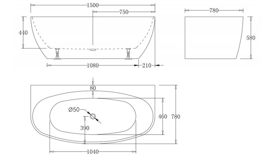Ванна акриловая BelBagno 150х78 см полукруглая BB83-1500-W0 (детальная фотография), акриловые
