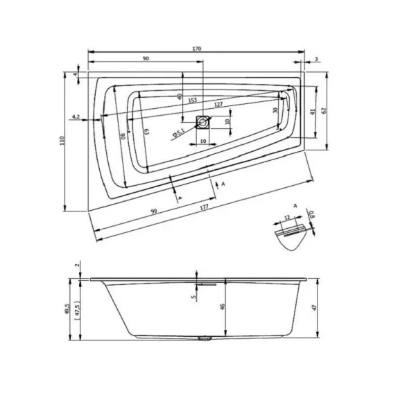 Акриловая ванна Riho Still Smart Fall B101010005/B102011005, 170 x 110 см, наполнение через перелив, подголовник с LED-подсветкой справа/слева, цвет белый (детальная фотография), акриловые