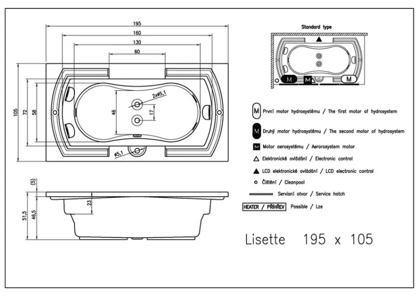 Ванна гидромассажная Riho Thermae Line Lisette 195 х 105 см BZ14 (детальная фотография), акриловые