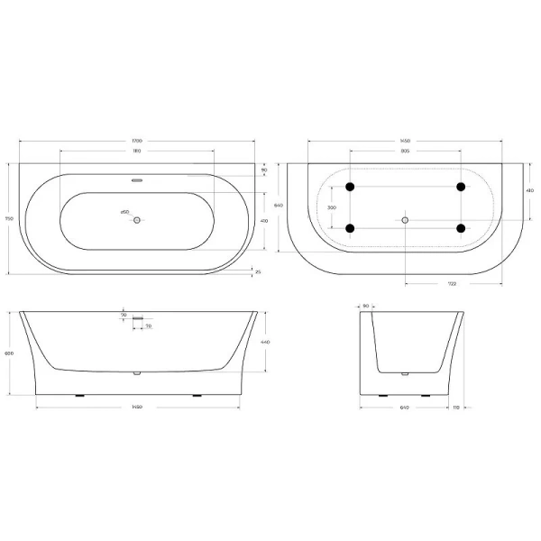 Ванна акриловая BelBagno 170x75 см пристенная BB711-1700-750 (детальная фотография), без гидромассажа, большие