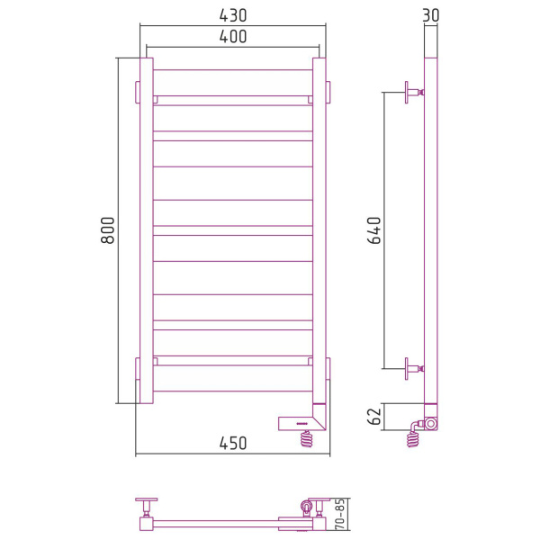 Схема (детальная фотография), электрические с наружной вилкой, электрические скрытого подключения, правое подключение