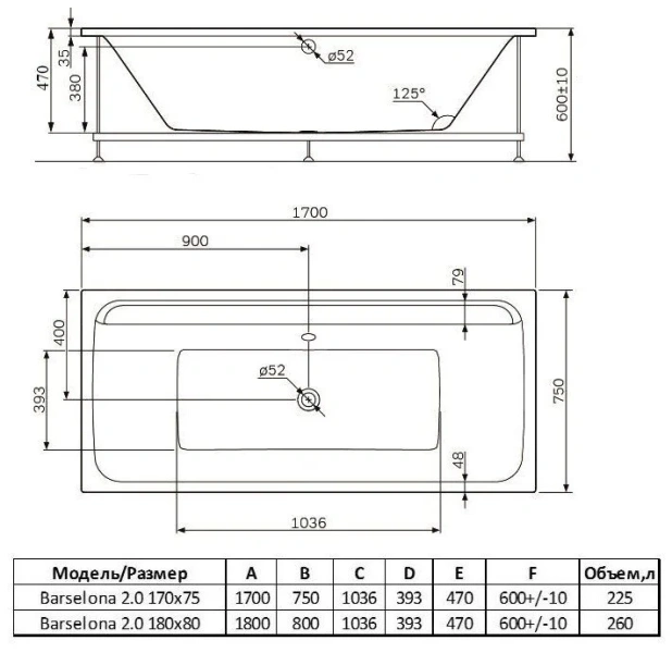 Ванна акриловая Alba Spa Barselona 2.0 ВПР0310200100, 170 x 75 см, цвет белый (детальная фотография), акриловые