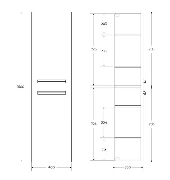 Шкаф-пенал подвесной Cezares Eco 40 см Bianco Opaco ECO-1500-2A-SC-BO (детальная фотография), в наличии