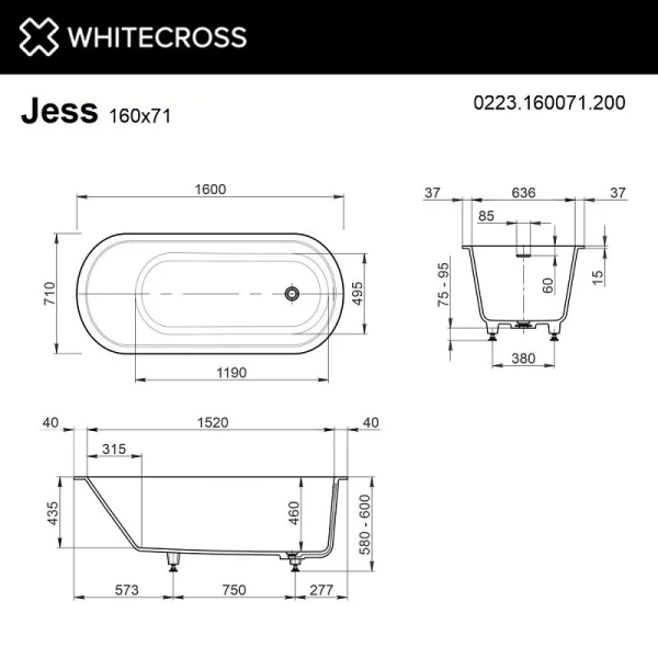 Ванна из искусственного камня Whitecross Jess 0223.160071.200, 160x71 см, цвет белый матовый (детальная фотография), 160x70 см