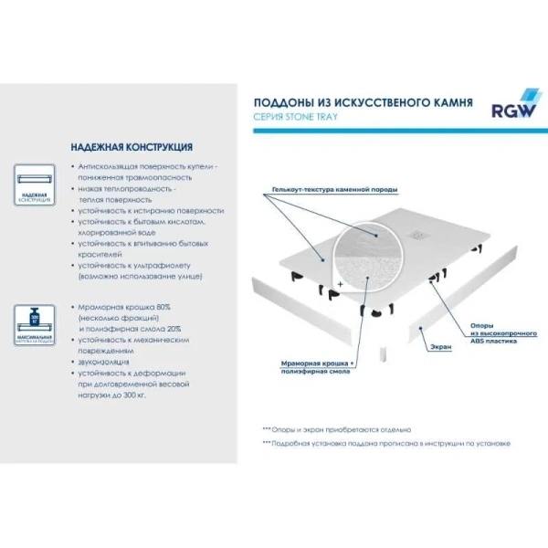 Душевой поддон RGW Stone Tray ST-W 110х80 см прямоугольный белый 16152811-01 (детальная фотография), 110x80 см