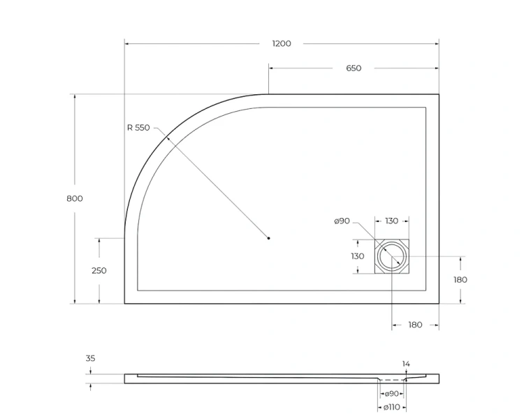 Душевой поддон BelBagno Uno 120х80 см левосторонний, накладка черная матовая TRAY-MR-UNO-RH-120/80-550-35-W-L-NO (детальная фотография), из искусственного камня