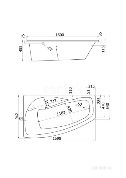 Ванна акриловая  Santek Майорка 160х95 без гидромассажа правосторонняя 1.WH11.1.990 (детальная фотография), без гидромассажа, недорогие, большие