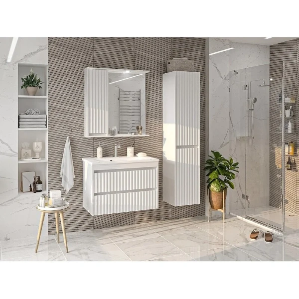 Зеркальный шкаф с подсветкой Brevita Balaton 80 см белый, правый BAL-04080-01-П (детальная фотография), недорогo, с подсветкой, с розеткой, правый