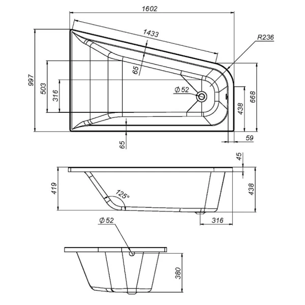 Ванна акриловая Am.Pm Spirit 160х100 см левосторонняя W72A-160L100W-A2 (детальная фотография), акриловые