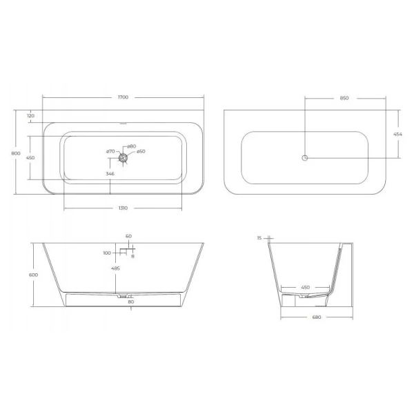 Ванна из искусственного камня Cezares Liner 170х80 см белый матовый CZR-LINER-170-80-60-SSB (детальная фотография), 170x80 см