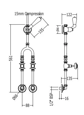 Душевая система настенная с запорным краном Devon&Devon MARF22M (детальная фотография), классические, ретро, с элементами керамики
