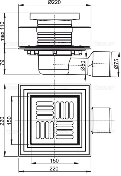 Душевой трап Alcaplast 15 см с боковой подводкой APV3444 (детальная фотография), душевой трап