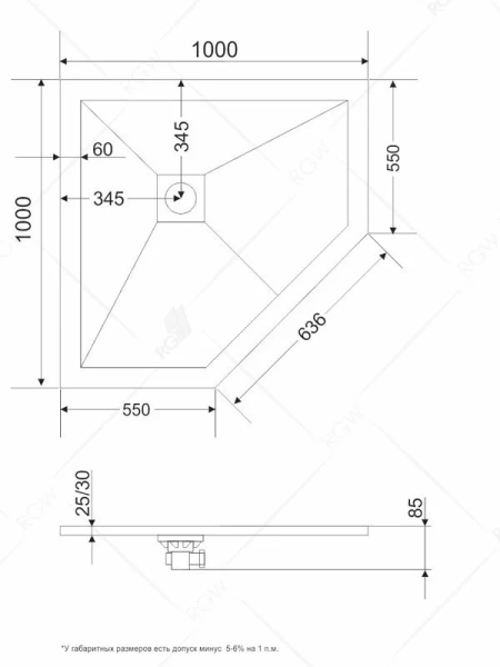 Душевой поддон RGW Stone Tray ST/T-W 100х100 см трапеция белый 16155100-01 (детальная фотография), низкие до 15 см