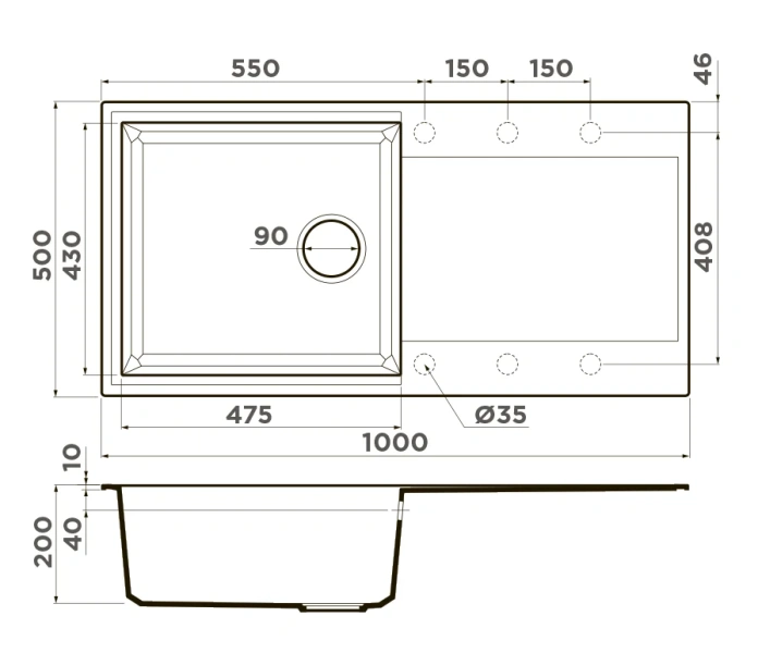 Мойка для кухни Omoikiri Sakaime 100 4993 100 см прямоугольная (детальная фотография), врезные