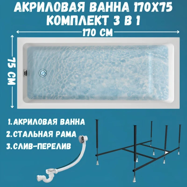 Ванна акриловая 1MarKa Bianca 01бья1775кс2+, 170 x 75 см, цвет белый (детальная фотография), без гидромассажа