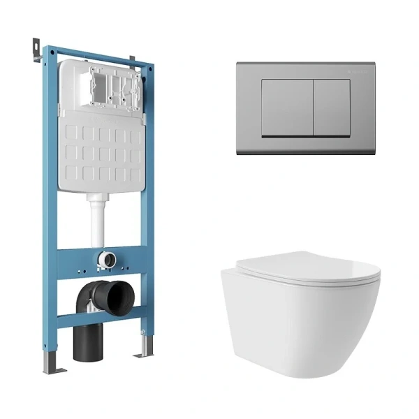 Унитаз с инсталляцией Aqueduto Ovo Plus клавиша хром AQDS130T (детальная фотография)