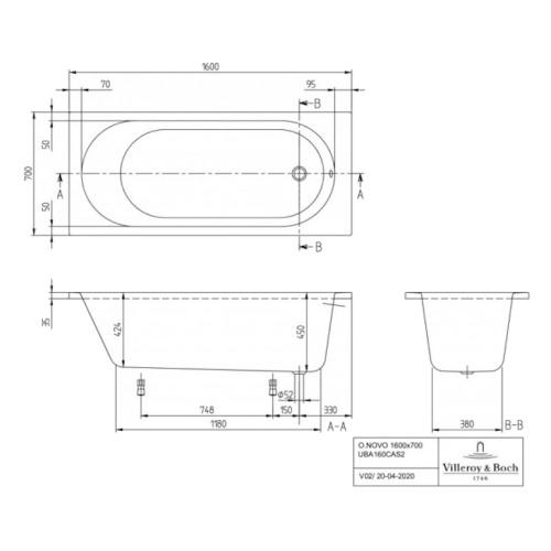 Ванна акриловая Villeroy & Boch O.novo 160х70 см прямоугольная UBA160CAS2V-01 (детальная фотография), 160x70 см