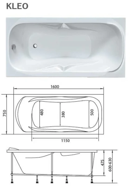 Ванна акриловая 1MarKa Kleo 01кл1675, 160 х 75 см, цвет белый (детальная фотография), без гидромассажа