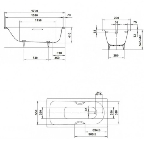 Ванна стальная Kaldewei Saniform Plus mod. 363-1 170x70 см с покрытием Easy-Clean и полный Anti-SlIp 111834013001 (детальная фотография), 170x70 см