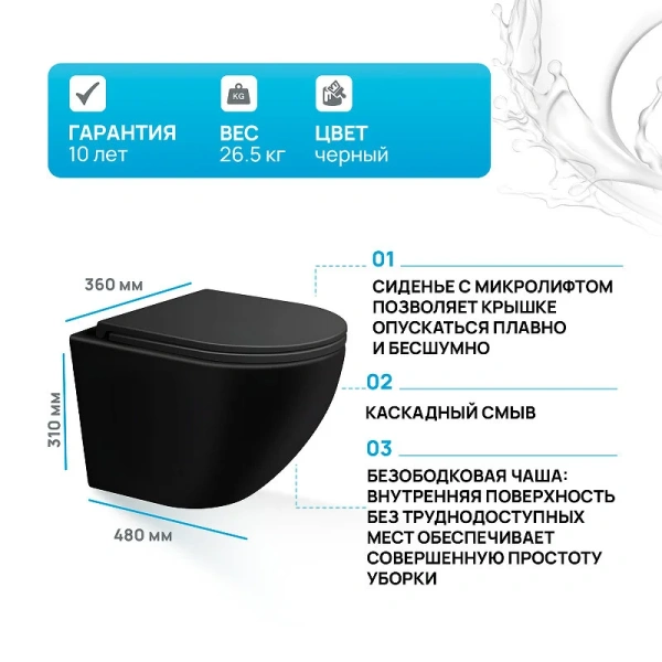 Унитаз подвесной IDDIS Blanco черный матовый BLAR3BMi25 (детальная фотография), безободковые, сиденье с микролифтом , с антивсплеском
