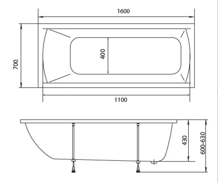Ванна акриловая Creto Modalia 9-16070, 160 x 70, белый (детальная фотография), прямоугольные