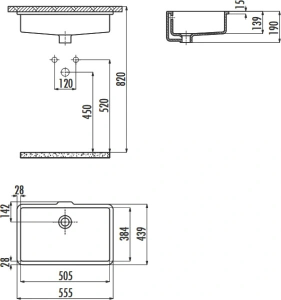 Раковина Creavit 55 см прямоугольная TP738-00CB00E-0000 (детальная фотография), современные, hi-tech