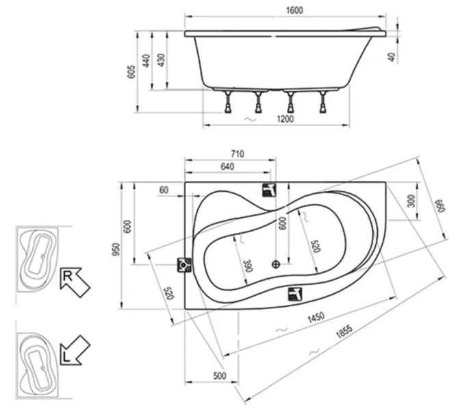 Ванна,цвет белый, правый вариант, Ravak Rosa 95 160-95 R C581000000 (детальная фотография) index_1
