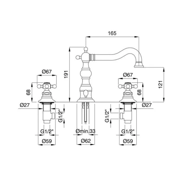 Смеситель для раковины Migliore Arcadia 183 на 3 отверстия (детальная фотография), для раковины