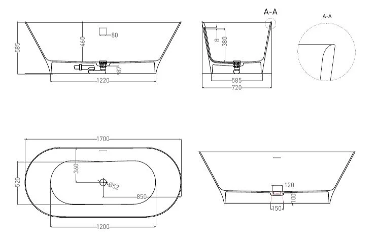 Ванна из искусственного камня Salini Mona 170x72 см белая 102912G (детальная фотография), литьевой мрамор