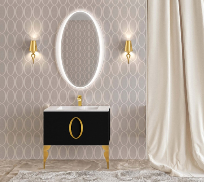 Тумба без раковины с 2 ножками, черная 85см. Фурнитура ЗОЛОТО La Beaute KANTAL B85K2OR (детальная фотография), по запросу