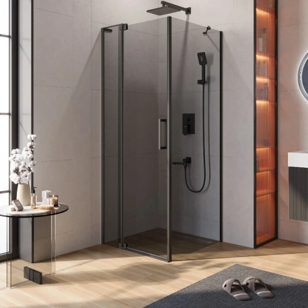 Душевой уголок Cezares Slider 90х80 см стекло серое профиль чёрный SLIDER-AH-1-80-80/90-GRIGIO-NERO (детальная фотография)