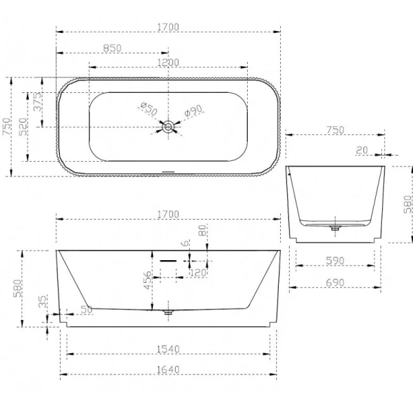 Акриловая ванна Abber 170х75 см прямоугольная AB9363-1.7 (детальная фотография), акриловые