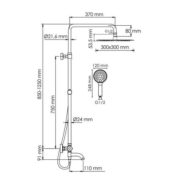 Душевая стойка WasserKRAFT Sauer с термостатическим смесителем A188.261.207.PG Thermo (детальная фотография), современные, hi-tech