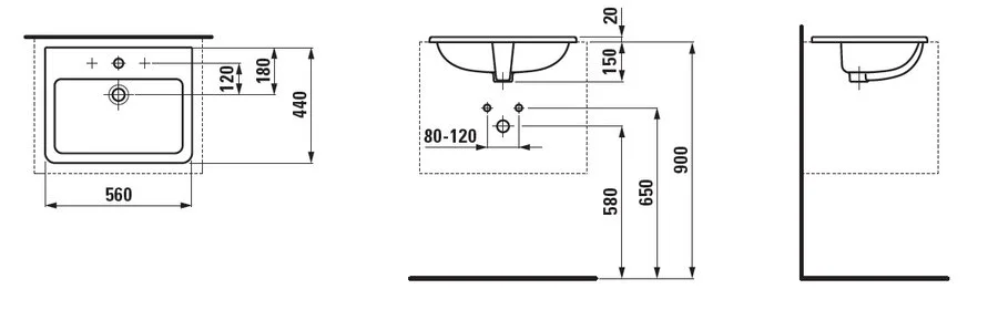 Раковина Laufen Pro S 56 см с 1 отверстием для смесителя, с отверстием перелива 8.1896.3.000.104.1 (детальная фотография), современные, hi-tech