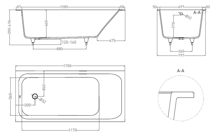 Ванна из искусственного камня Salini Orlanda 170x80 см встраиваемая 102026M (детальная фотография), современныe, hi-tech