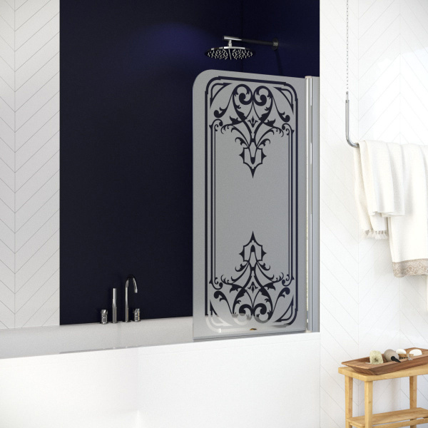 Душевая шторка на ванную профиль глянцевый хром рисунок прозрачный стекло матовоее Vegas-glass EV 76 08 ARTDECO D1 R (детальная фотография)