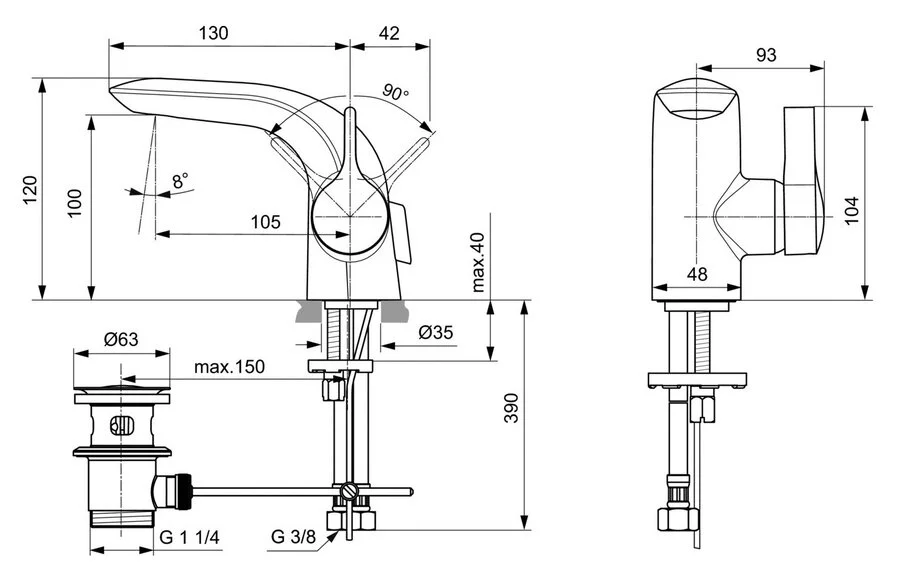 Смеситель для раковины Ideal Standard Melange с донным клапаном A6117AA (детальная фотография), для раковины