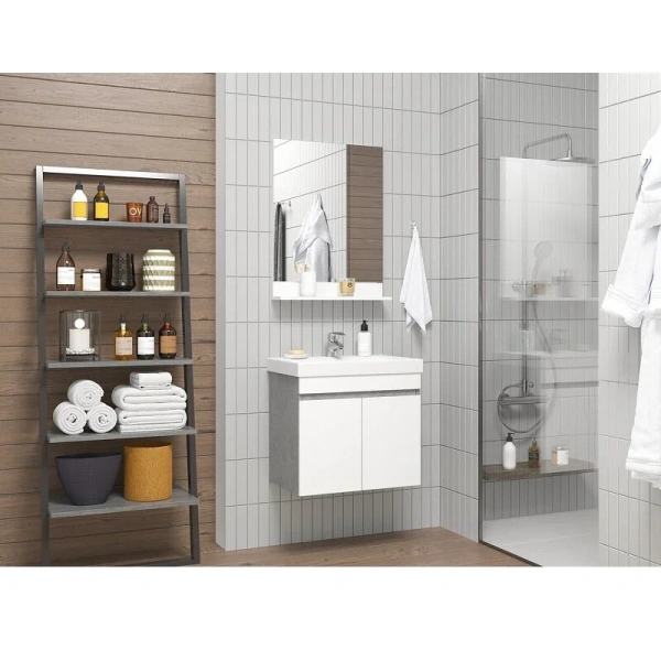 Тумба под раковину подвесная Misty Ронда 80 см белая/бетон П-Рон-01080-0521 (детальная фотография), подвесная, пристенная