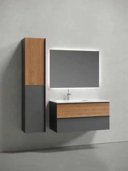 Тумба под раковину подвесная Sancos Delta 100 см левая дуб красный/графит DL100LGR (детальная фотография), подвесная, пристенная