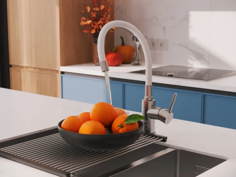 Смеситель для кухни Cersanit Melar сатин/белый 68236 (детальная фотография), с 1 монтажным отверстием