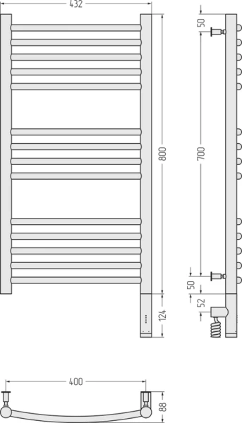 Полотенцесушитель электрический Сунержа Богема 3.0 8040 40х80 см перемычка выгнутая (детальная фотография), лесенка, вертикальные