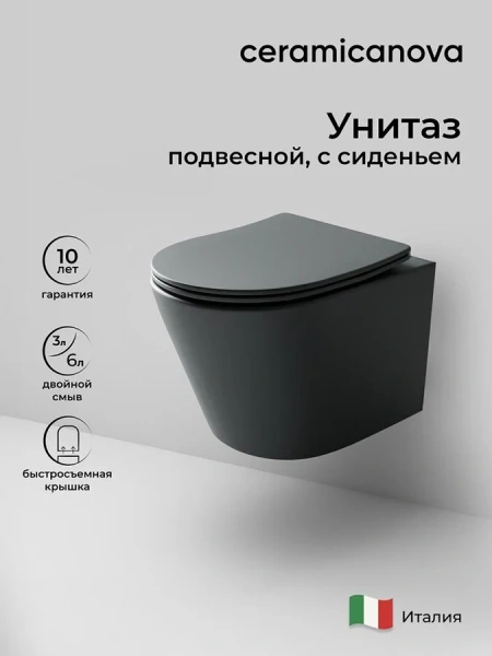 Унитаз подвесной Ceramica Nova Balearica темный антрацит CN6000MDH (детальная фотография), круглой формы