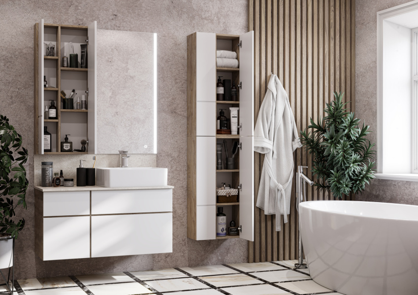 Шкаф подвесной Акватон Мишель 43 см дуб эндгрейн, белый 1A244203MIX40 (детальная фотография), пристенные, высокие